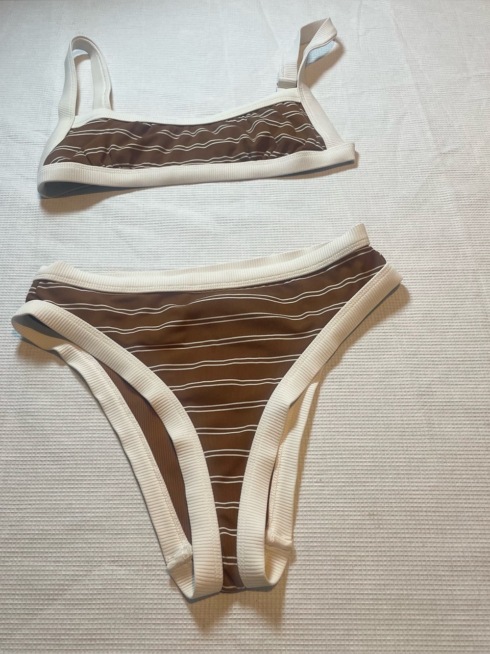 KYA Swim XS Reversible Ribbed Toffee Stripe Bikini Set Brown White Made in USA